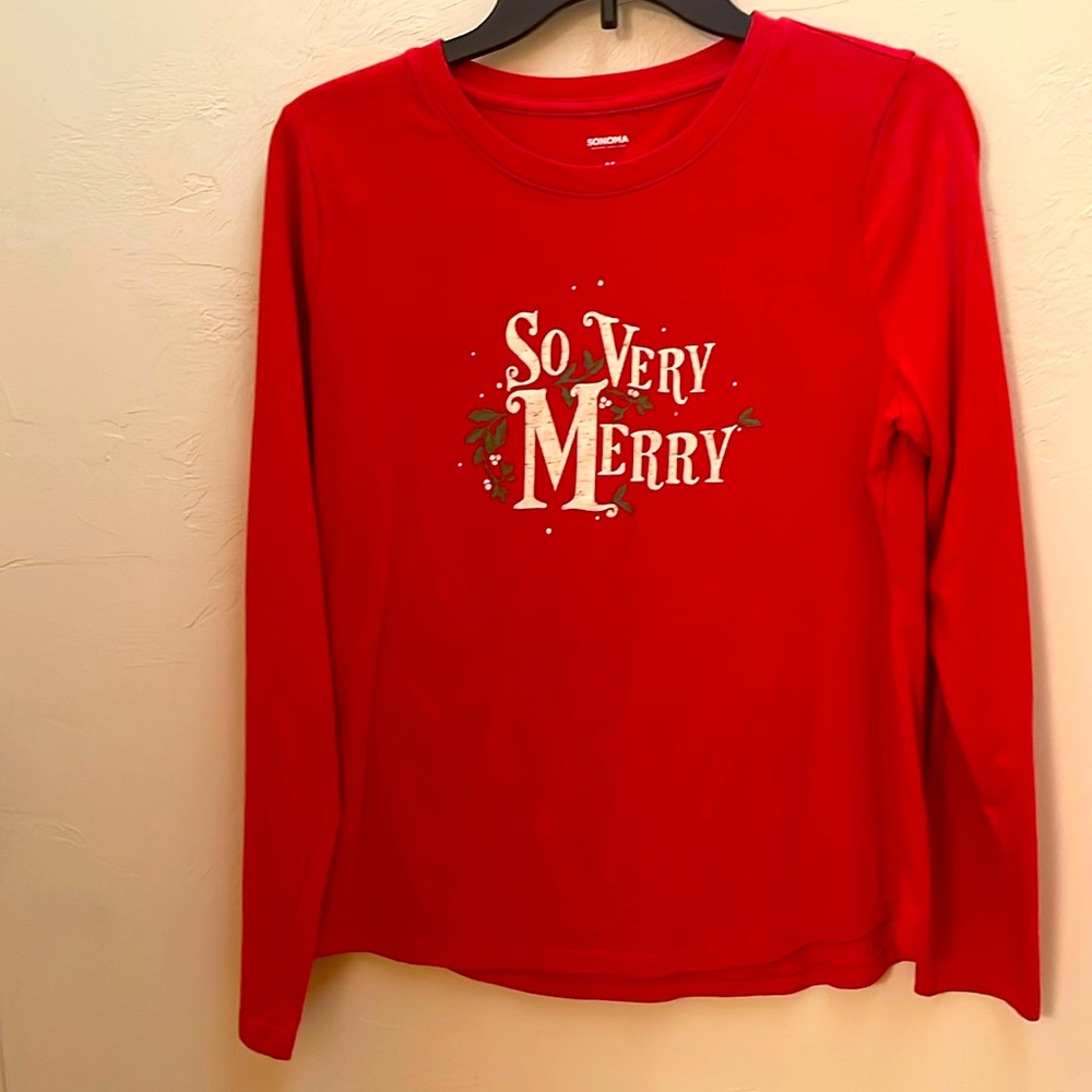 Holiday red  “So Very Merry “ Sonoma brand women’s LS
size Medium